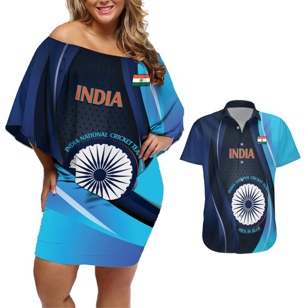 Custom India Cricket Couples Matching Off Shoulder Short Dress and Hawaiian Shirt 2024 World Cup Go Men in Blue