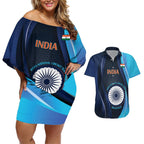 Custom India Cricket Couples Matching Off Shoulder Short Dress and Hawaiian Shirt 2024 World Cup Go Men in Blue