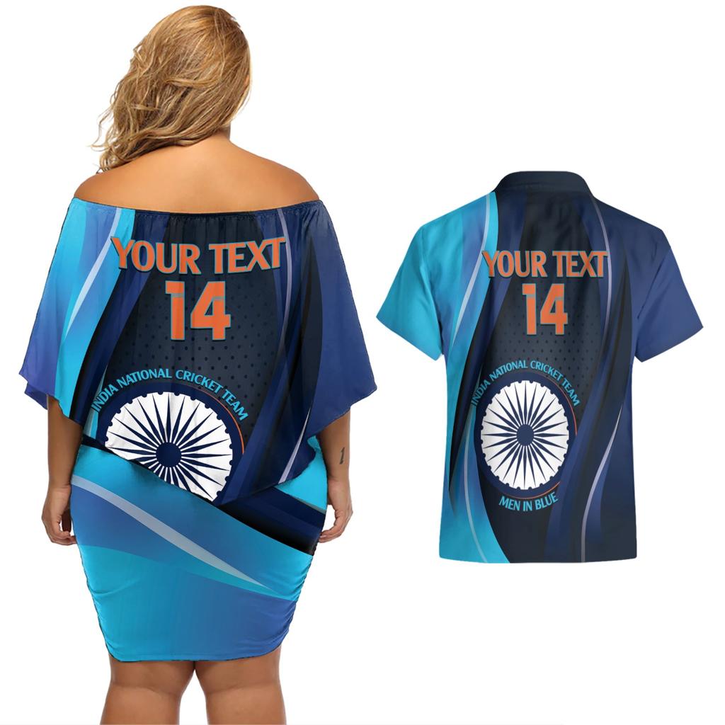 Custom India Cricket Couples Matching Off Shoulder Short Dress and Hawaiian Shirt 2024 World Cup Go Men in Blue