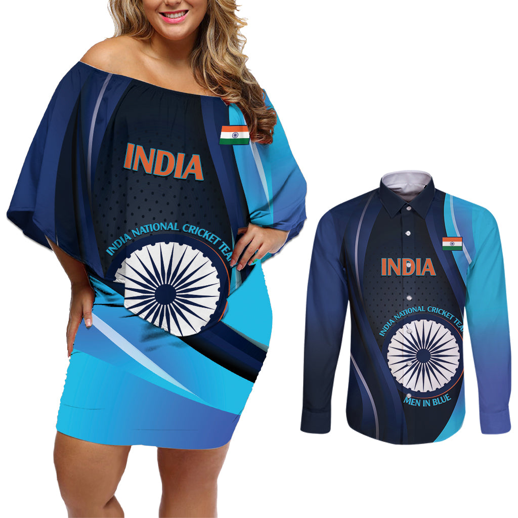 Custom India Cricket Couples Matching Off Shoulder Short Dress and Long Sleeve Button Shirt 2024 World Cup Go Men in Blue