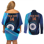 Custom India Cricket Couples Matching Off Shoulder Short Dress and Long Sleeve Button Shirt 2024 World Cup Go Men in Blue