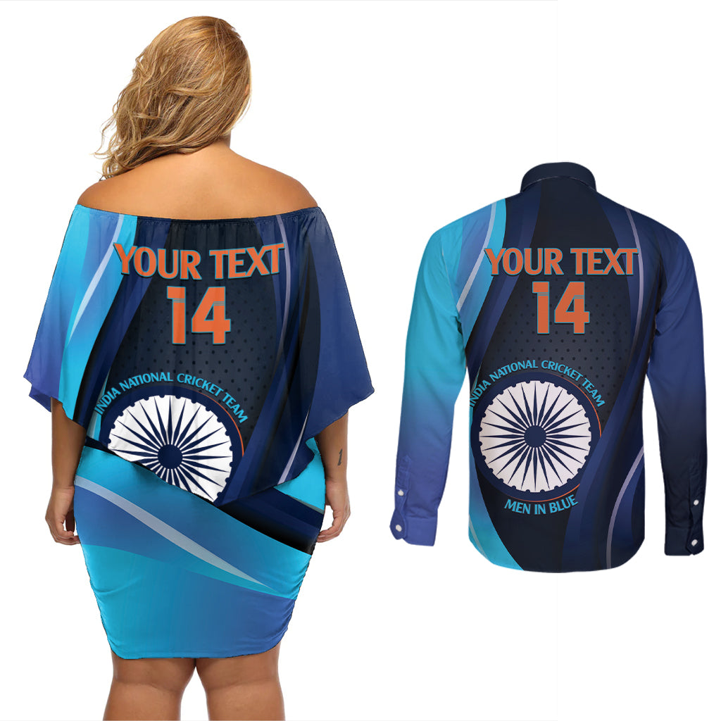 Custom India Cricket Couples Matching Off Shoulder Short Dress and Long Sleeve Button Shirt 2024 World Cup Go Men in Blue