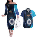 Custom India Cricket Couples Matching Off The Shoulder Long Sleeve Dress and Hawaiian Shirt 2024 World Cup Go Men in Blue