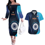 Custom India Cricket Couples Matching Off The Shoulder Long Sleeve Dress and Hawaiian Shirt 2024 World Cup Go Men in Blue