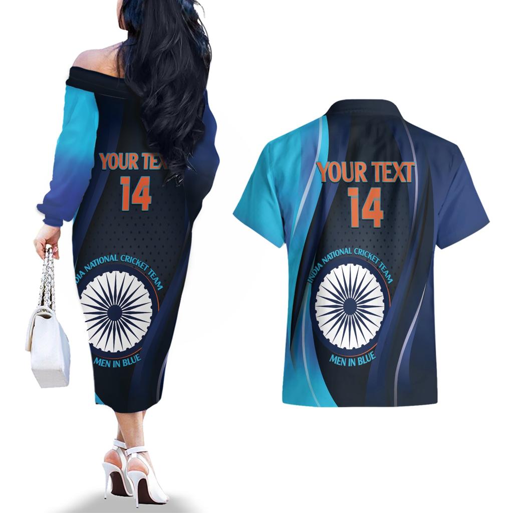 Custom India Cricket Couples Matching Off The Shoulder Long Sleeve Dress and Hawaiian Shirt 2024 World Cup Go Men in Blue