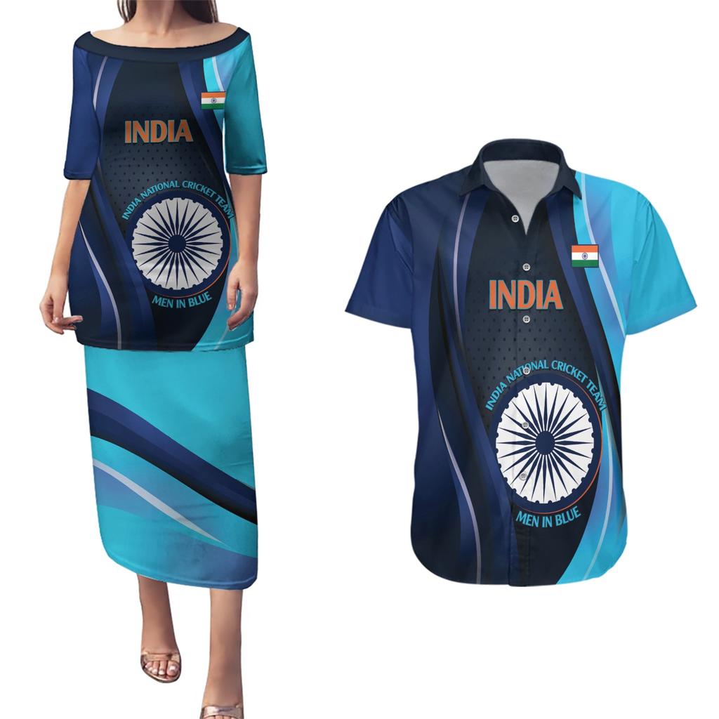 Custom India Cricket Couples Matching Puletasi and Hawaiian Shirt 2024 World Cup Go Men in Blue