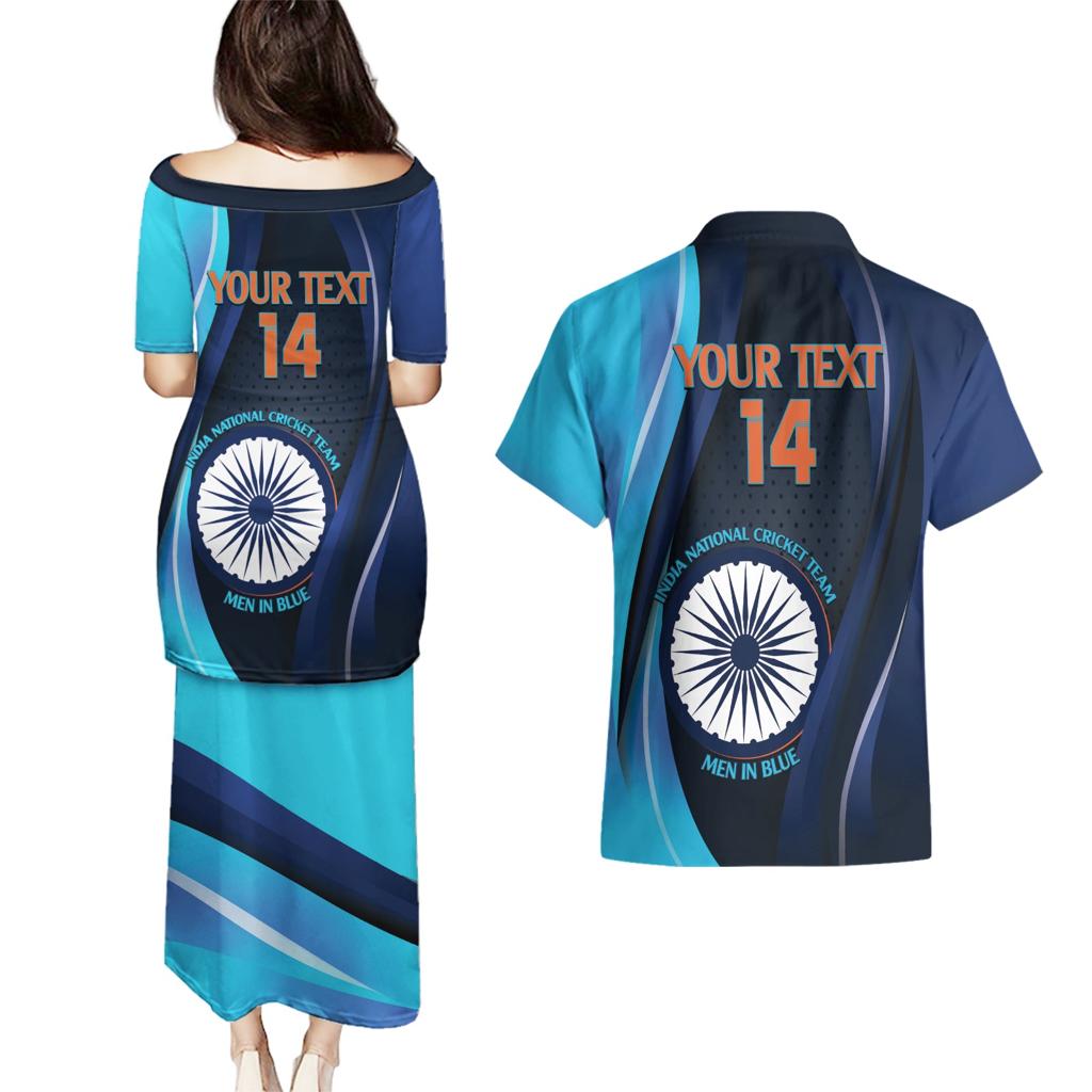 Custom India Cricket Couples Matching Puletasi and Hawaiian Shirt 2024 World Cup Go Men in Blue
