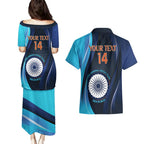 Custom India Cricket Couples Matching Puletasi and Hawaiian Shirt 2024 World Cup Go Men in Blue