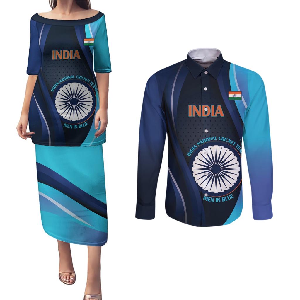 Custom India Cricket Couples Matching Puletasi and Long Sleeve Button Shirt 2024 World Cup Go Men in Blue