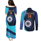 Custom India Cricket Couples Matching Puletasi and Long Sleeve Button Shirt 2024 World Cup Go Men in Blue