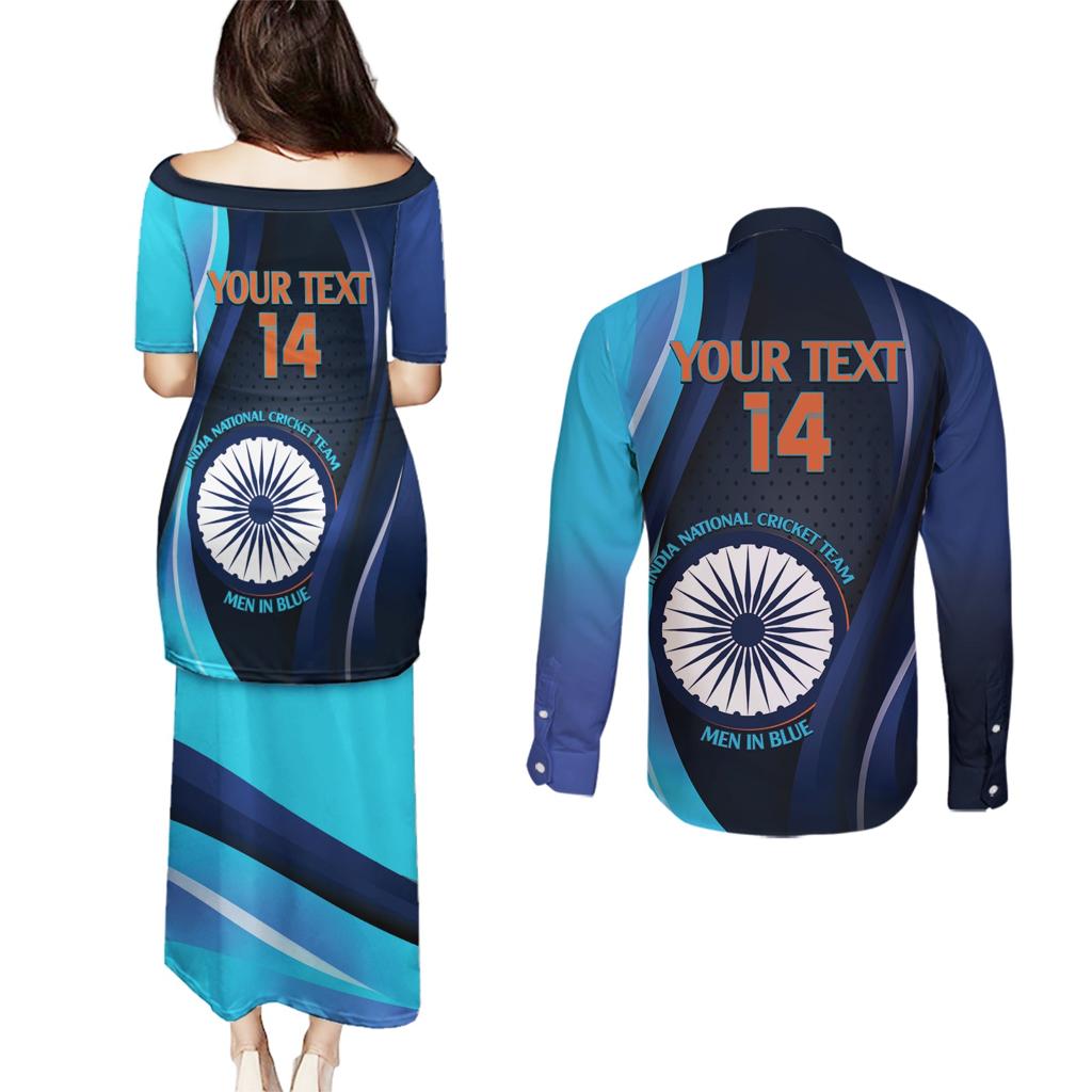 Custom India Cricket Couples Matching Puletasi and Long Sleeve Button Shirt 2024 World Cup Go Men in Blue