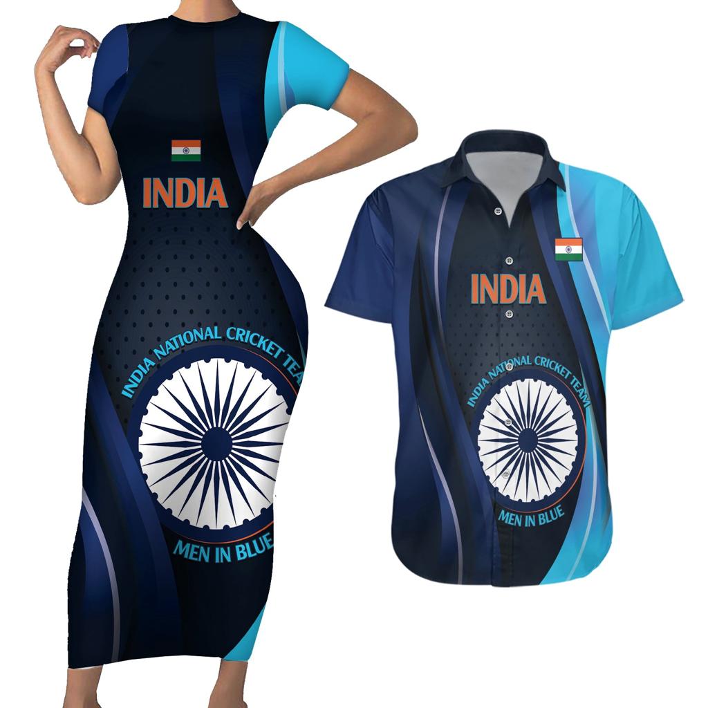 Custom India Cricket Couples Matching Short Sleeve Bodycon Dress and Hawaiian Shirt 2024 World Cup Go Men in Blue