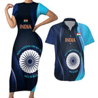 Custom India Cricket Couples Matching Short Sleeve Bodycon Dress and Hawaiian Shirt 2024 World Cup Go Men in Blue