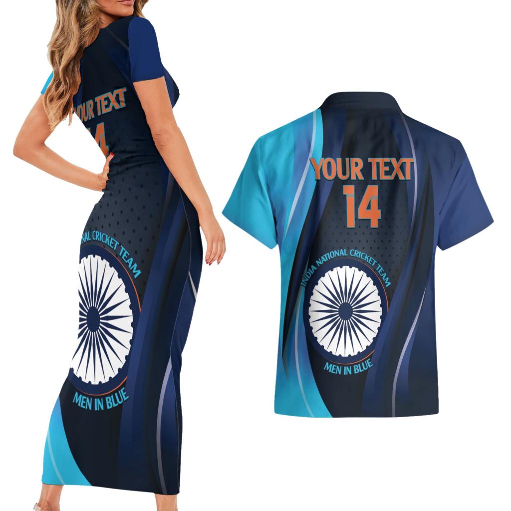 Custom India Cricket Couples Matching Short Sleeve Bodycon Dress and Hawaiian Shirt 2024 World Cup Go Men in Blue