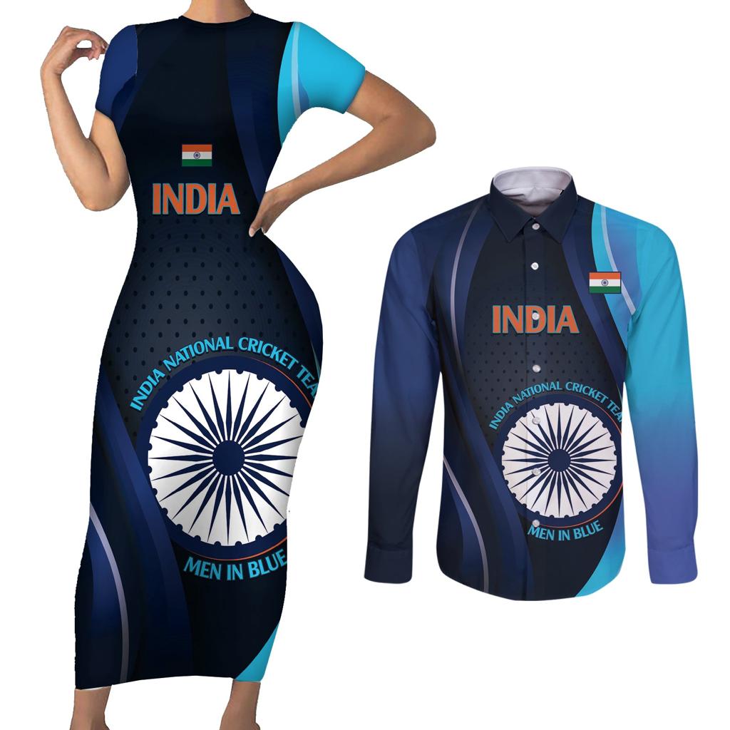 Custom India Cricket Couples Matching Short Sleeve Bodycon Dress and Long Sleeve Button Shirt 2024 World Cup Go Men in Blue