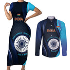 Custom India Cricket Couples Matching Short Sleeve Bodycon Dress and Long Sleeve Button Shirt 2024 World Cup Go Men in Blue