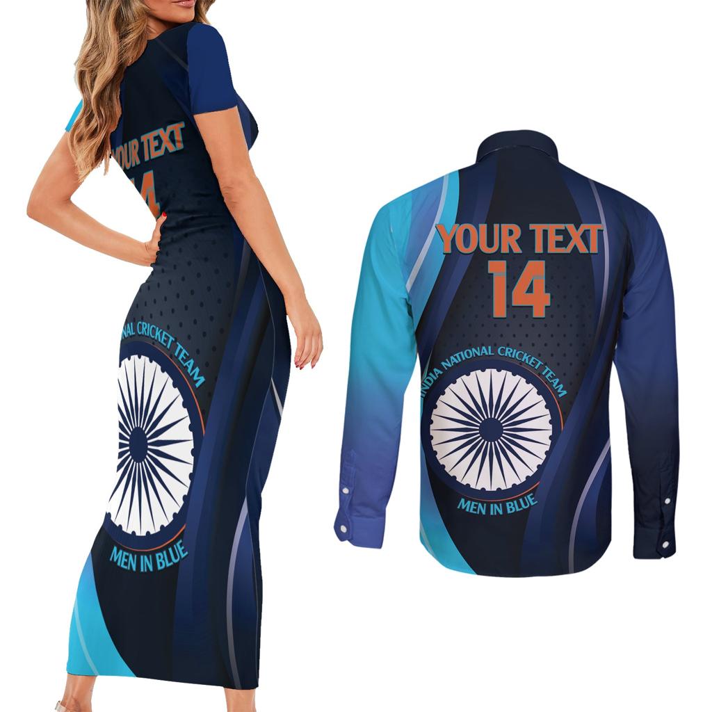 Custom India Cricket Couples Matching Short Sleeve Bodycon Dress and Long Sleeve Button Shirt 2024 World Cup Go Men in Blue