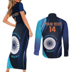 Custom India Cricket Couples Matching Short Sleeve Bodycon Dress and Long Sleeve Button Shirt 2024 World Cup Go Men in Blue