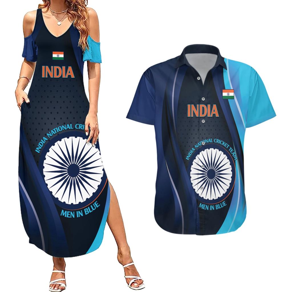 Custom India Cricket Couples Matching Summer Maxi Dress and Hawaiian Shirt 2024 World Cup Go Men in Blue