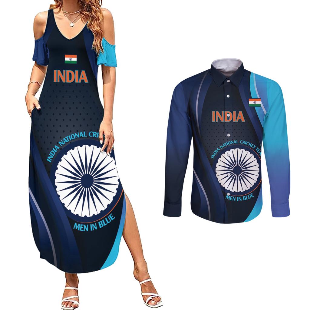 Custom India Cricket Couples Matching Summer Maxi Dress and Long Sleeve Button Shirt 2024 World Cup Go Men in Blue