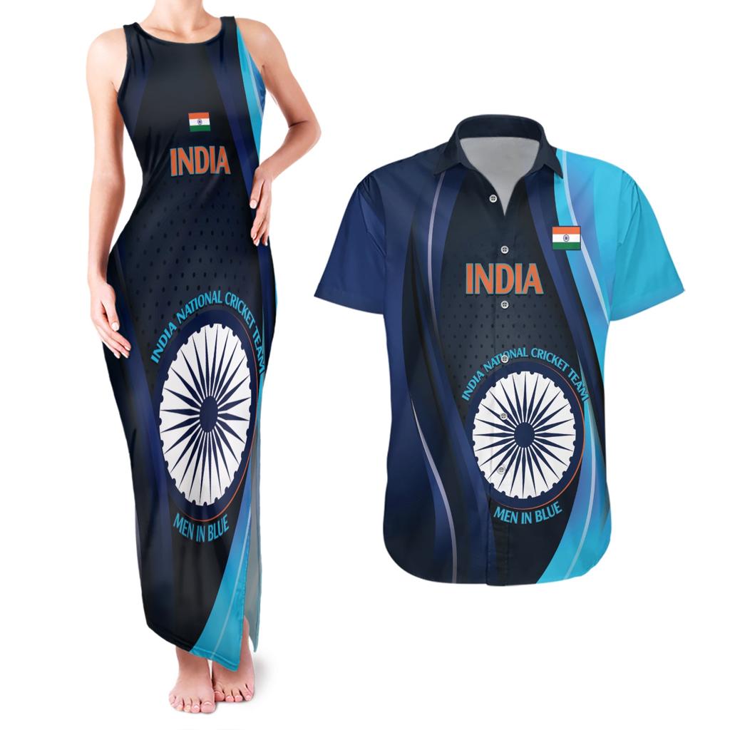 Custom India Cricket Couples Matching Tank Maxi Dress and Hawaiian Shirt 2024 World Cup Go Men in Blue