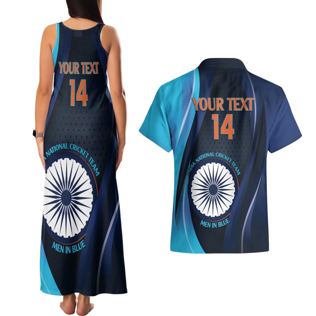 Custom India Cricket Couples Matching Tank Maxi Dress and Hawaiian Shirt 2024 World Cup Go Men in Blue
