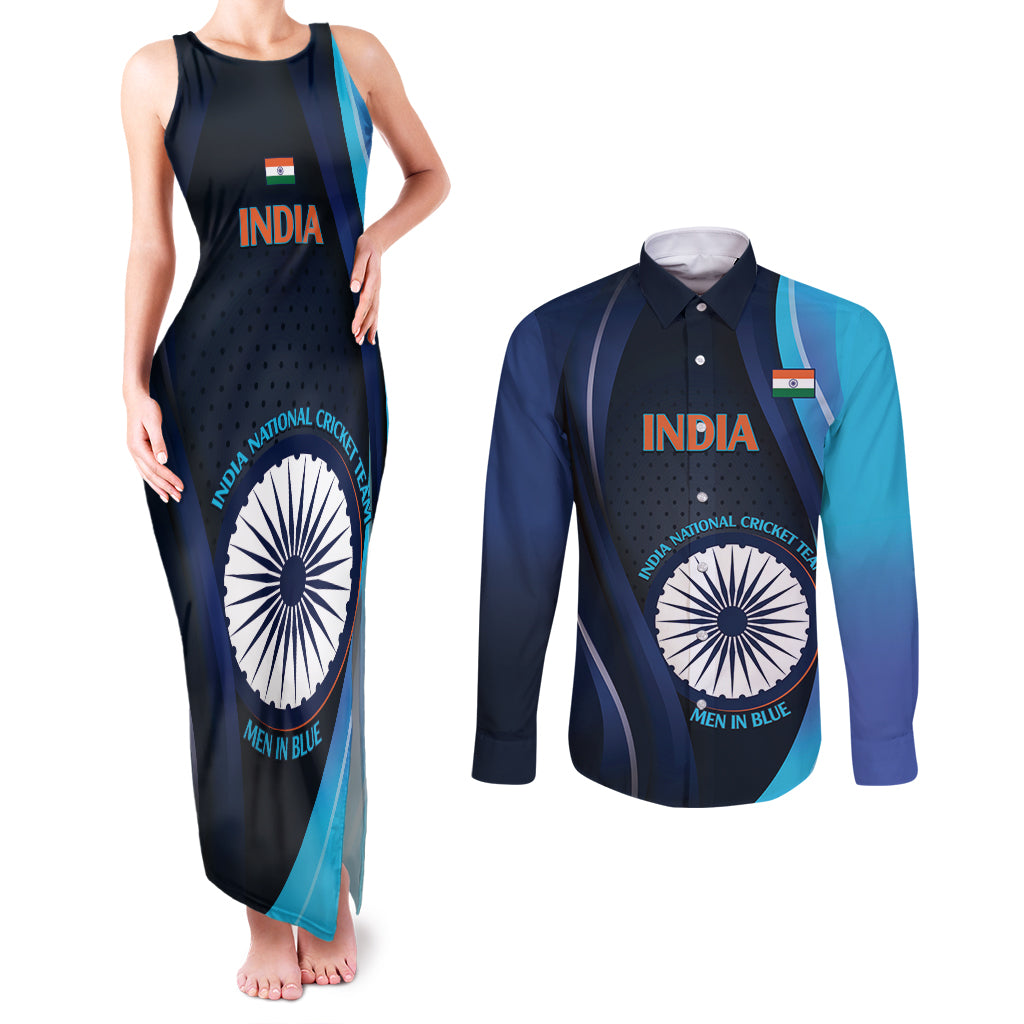 Custom India Cricket Couples Matching Tank Maxi Dress and Long Sleeve Button Shirt 2024 World Cup Go Men in Blue