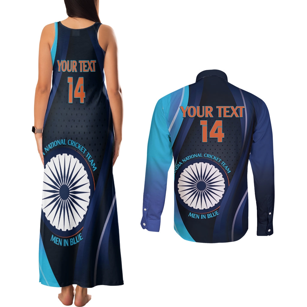 Custom India Cricket Couples Matching Tank Maxi Dress and Long Sleeve Button Shirt 2024 World Cup Go Men in Blue
