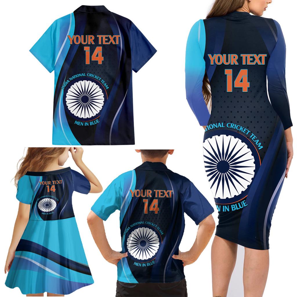 Custom India Cricket Family Matching Long Sleeve Bodycon Dress and Hawaiian Shirt 2024 World Cup Go Men in Blue