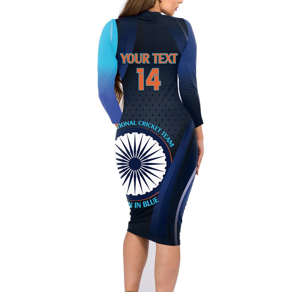 Custom India Cricket Family Matching Long Sleeve Bodycon Dress and Hawaiian Shirt 2024 World Cup Go Men in Blue
