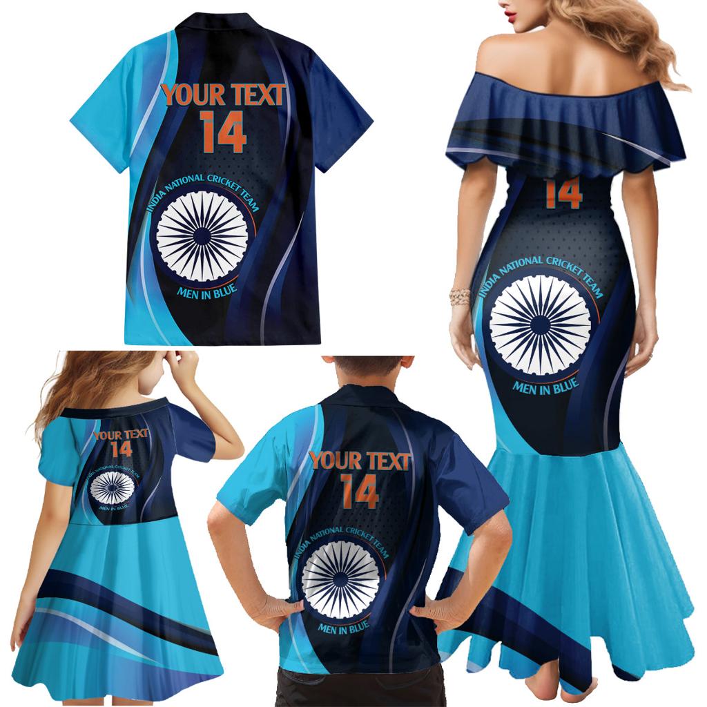 Custom India Cricket Family Matching Mermaid Dress and Hawaiian Shirt 2024 World Cup Go Men in Blue