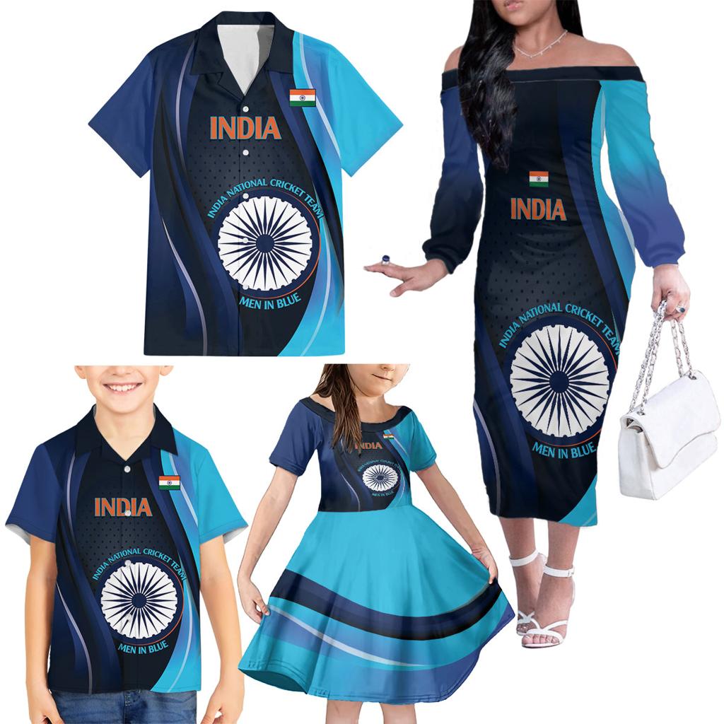 Custom India Cricket Family Matching Off The Shoulder Long Sleeve Dress and Hawaiian Shirt 2024 World Cup Go Men in Blue