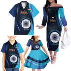 Custom India Cricket Family Matching Off The Shoulder Long Sleeve Dress and Hawaiian Shirt 2024 World Cup Go Men in Blue