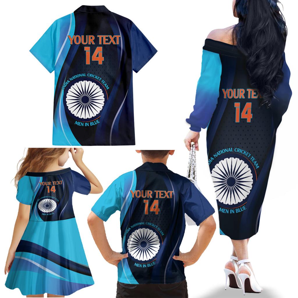 Custom India Cricket Family Matching Off The Shoulder Long Sleeve Dress and Hawaiian Shirt 2024 World Cup Go Men in Blue