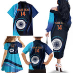 Custom India Cricket Family Matching Off The Shoulder Long Sleeve Dress and Hawaiian Shirt 2024 World Cup Go Men in Blue