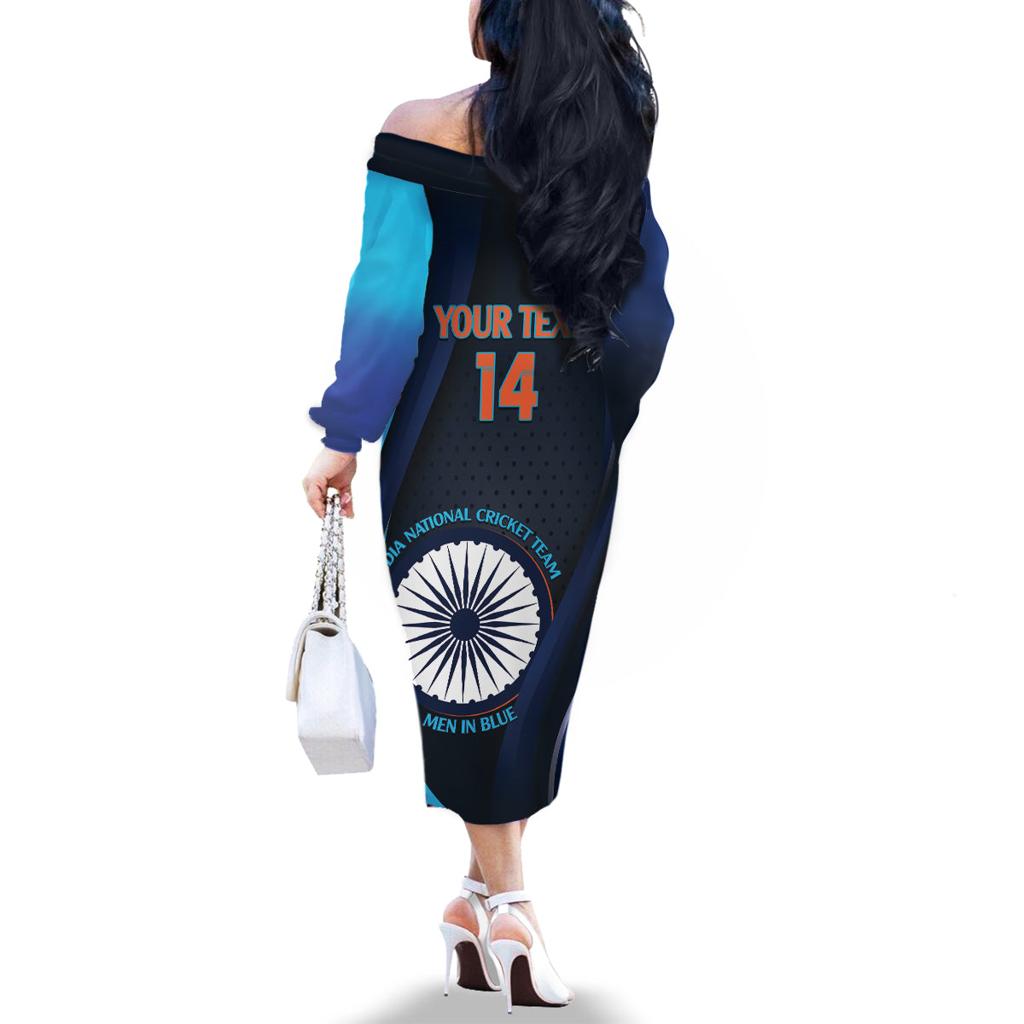 Custom India Cricket Family Matching Off The Shoulder Long Sleeve Dress and Hawaiian Shirt 2024 World Cup Go Men in Blue