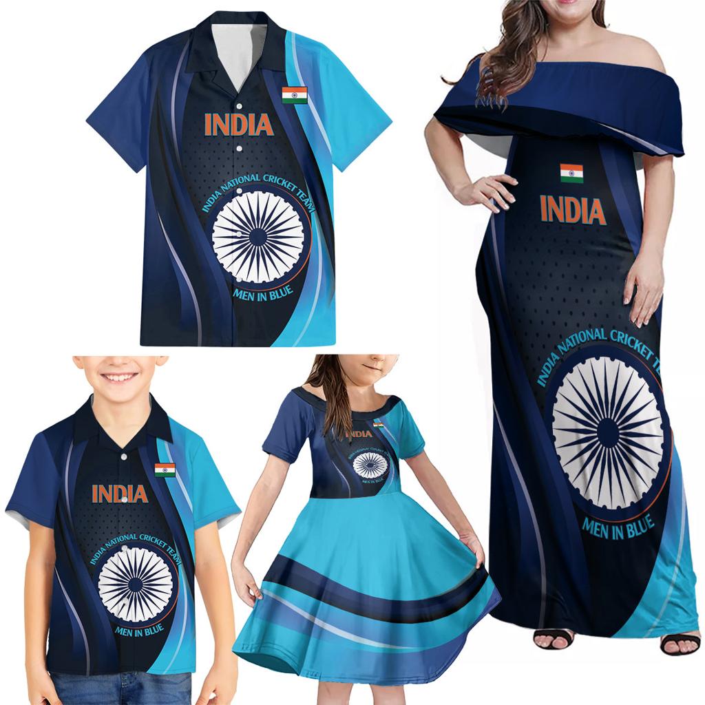 Custom India Cricket Family Matching Off Shoulder Maxi Dress and Hawaiian Shirt 2024 World Cup Go Men in Blue