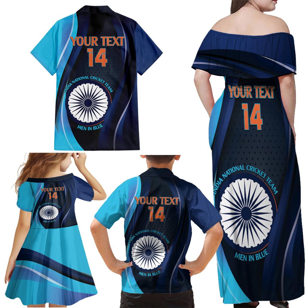 Custom India Cricket Family Matching Off Shoulder Maxi Dress and Hawaiian Shirt 2024 World Cup Go Men in Blue