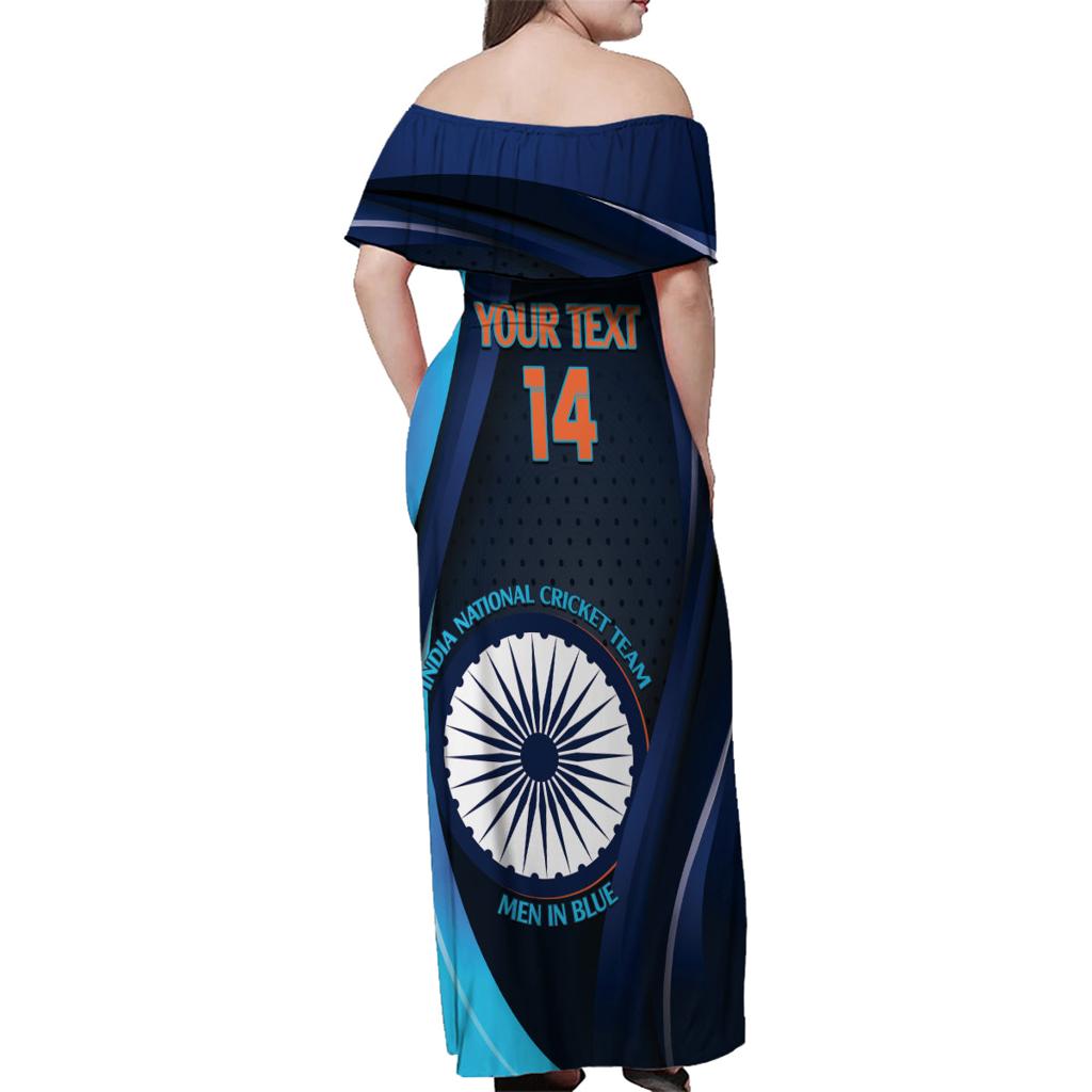 Custom India Cricket Family Matching Off Shoulder Maxi Dress and Hawaiian Shirt 2024 World Cup Go Men in Blue