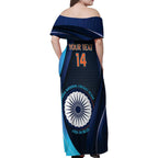Custom India Cricket Family Matching Off Shoulder Maxi Dress and Hawaiian Shirt 2024 World Cup Go Men in Blue