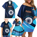 Custom India Cricket Family Matching Off Shoulder Short Dress and Hawaiian Shirt 2024 World Cup Go Men in Blue