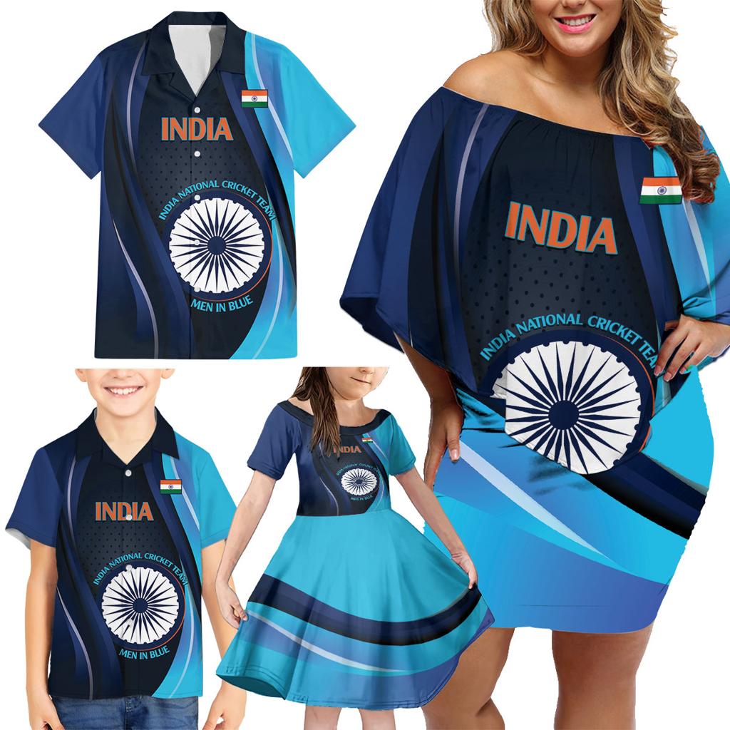 Custom India Cricket Family Matching Off Shoulder Short Dress and Hawaiian Shirt 2024 World Cup Go Men in Blue