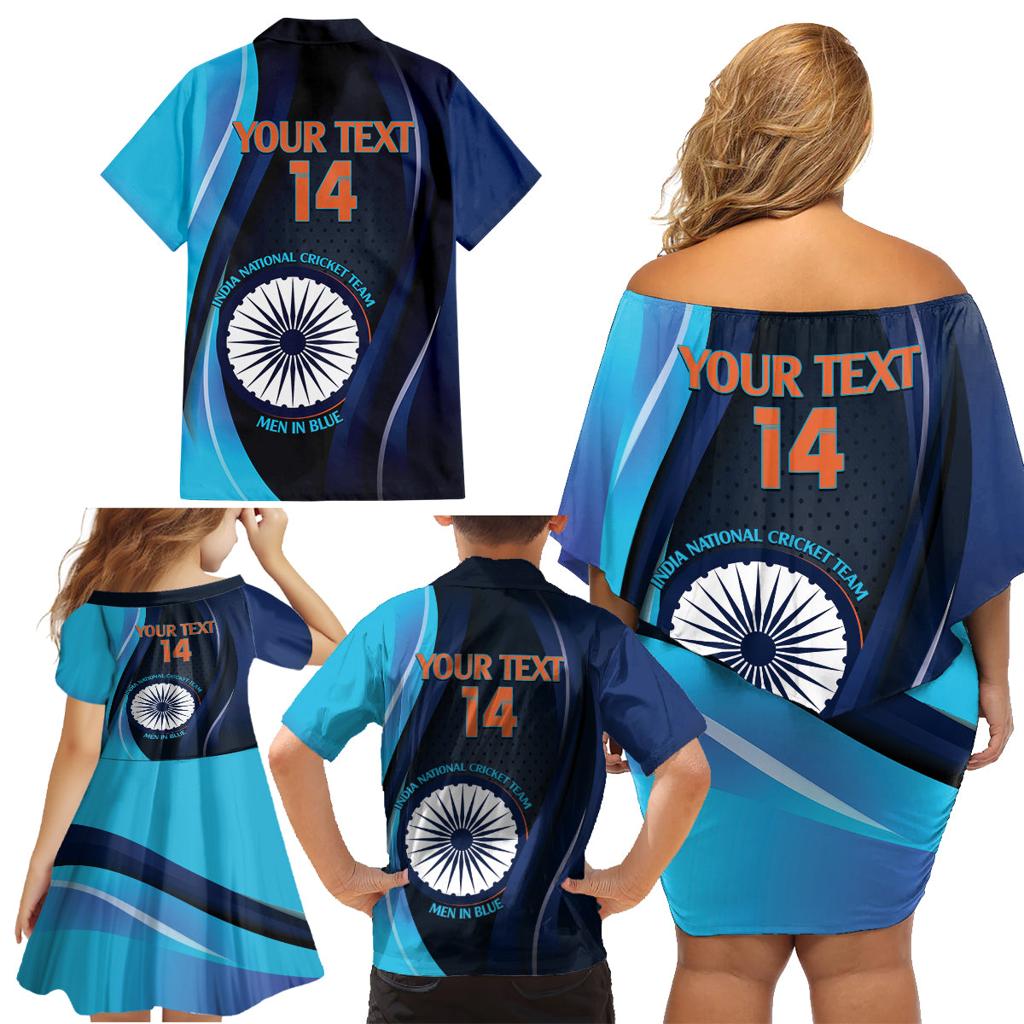 Custom India Cricket Family Matching Off Shoulder Short Dress and Hawaiian Shirt 2024 World Cup Go Men in Blue