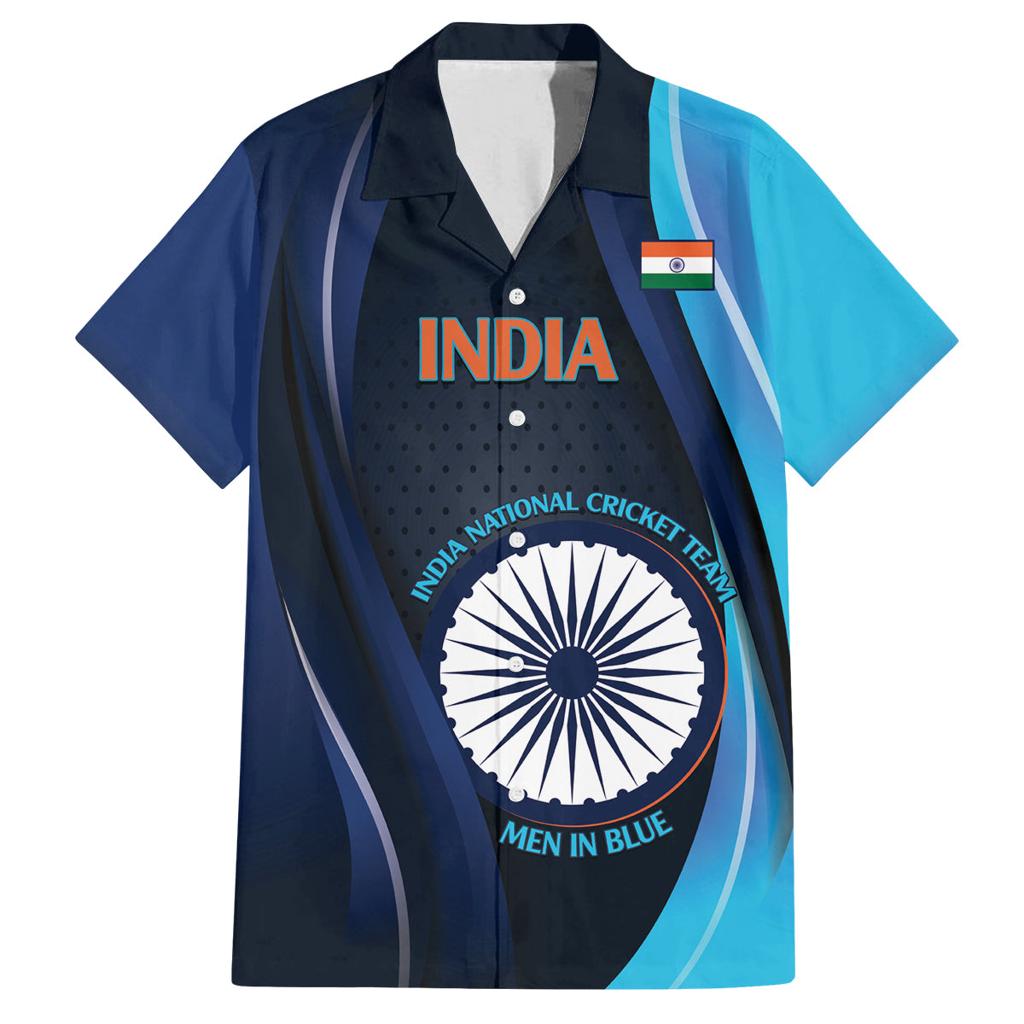 Custom India Cricket Family Matching Off Shoulder Short Dress and Hawaiian Shirt 2024 World Cup Go Men in Blue