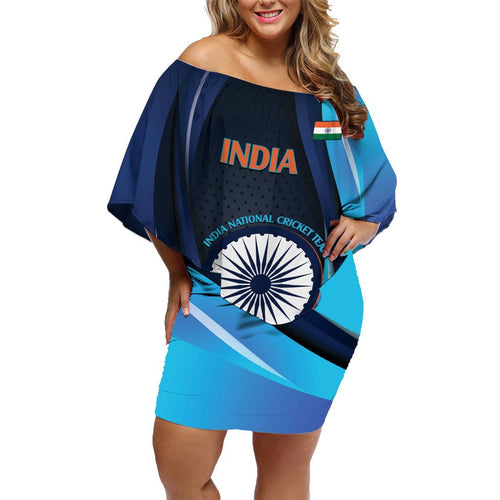Custom India Cricket Family Matching Off Shoulder Short Dress and Hawaiian Shirt 2024 World Cup Go Men in Blue