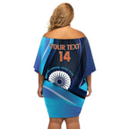 Custom India Cricket Family Matching Off Shoulder Short Dress and Hawaiian Shirt 2024 World Cup Go Men in Blue