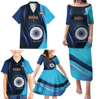 Custom India Cricket Family Matching Puletasi and Hawaiian Shirt 2024 World Cup Go Men in Blue