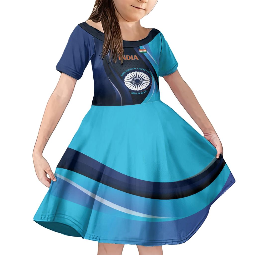 Custom India Cricket Family Matching Short Sleeve Bodycon Dress and Hawaiian Shirt 2024 World Cup Go Men in Blue