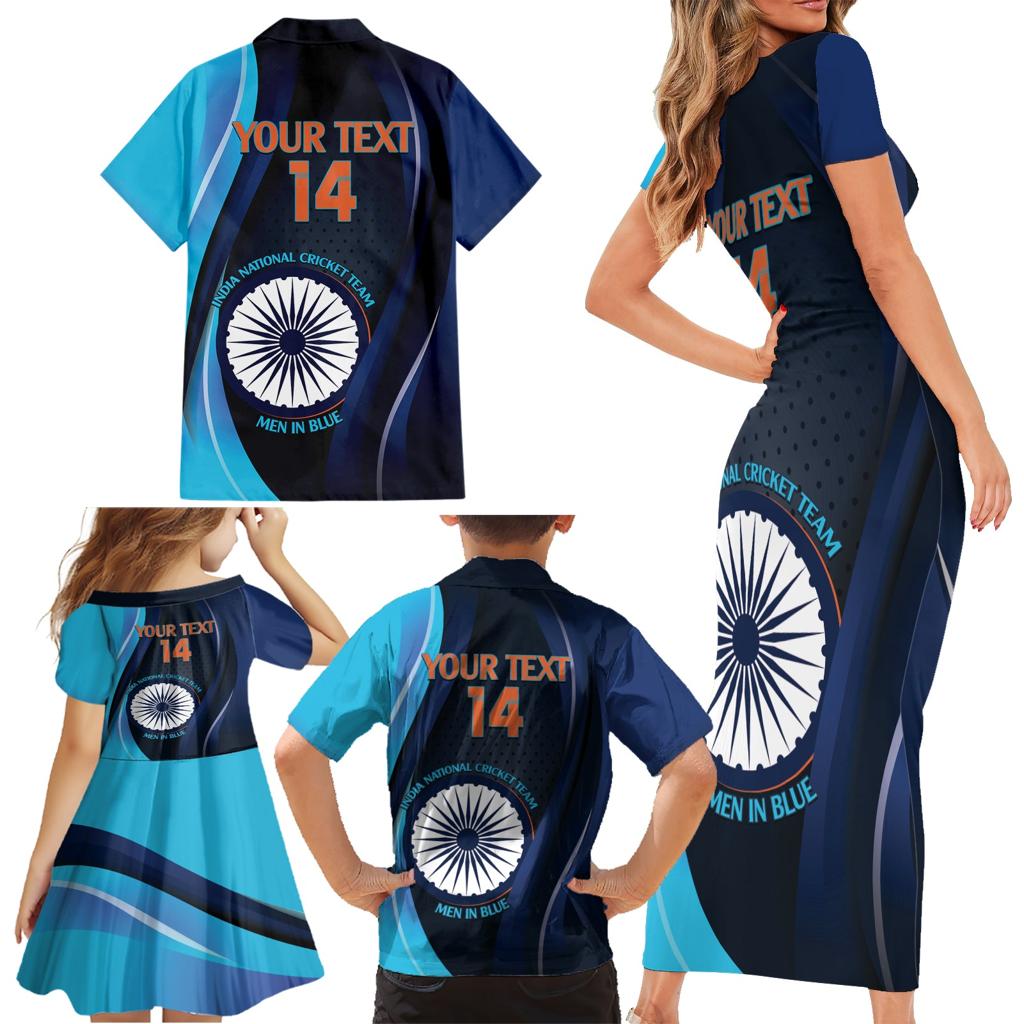Custom India Cricket Family Matching Short Sleeve Bodycon Dress and Hawaiian Shirt 2024 World Cup Go Men in Blue
