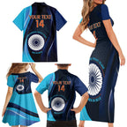 Custom India Cricket Family Matching Short Sleeve Bodycon Dress and Hawaiian Shirt 2024 World Cup Go Men in Blue